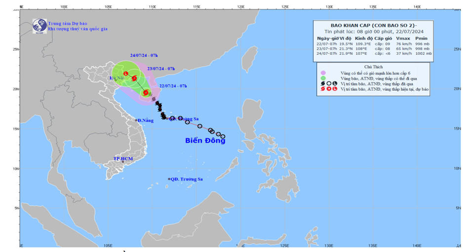 Đường đi của b&atilde;o số 2 l&uacute;c 7 giờ s&aacute;ng nay ghi nhận được.