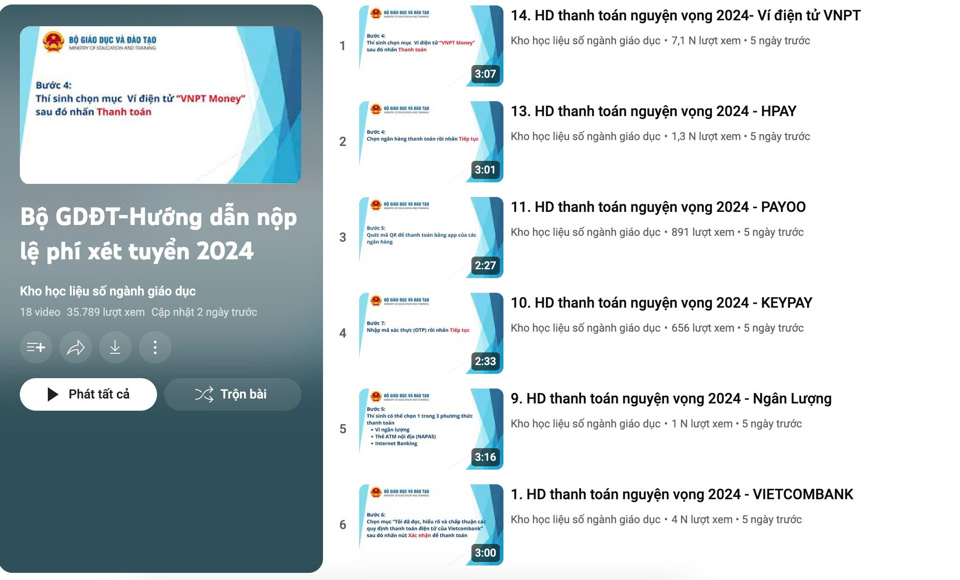 Bộ GD&ĐT có video hướng dẫn các bước thanh toán với từng kênh cụ thể