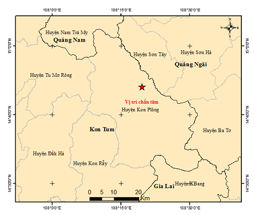 Bản đồ t&acirc;m chấn trận động đất xảy ra l&uacute;c 11 giờ 17 ph&uacute;t tại Kon Tum c&oacute; độ lớn 4.1 richter. (Ảnh: Viện Vật l&yacute; địa cầu)