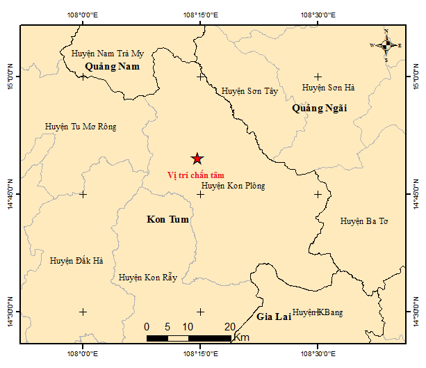 Bản đồ t&acirc;m chấn trận động đất xảy ra l&uacute;c 11 giờ 35 ph&uacute;t tại Kon Tum c&oacute; độ lớn 5.0 richter. (Ảnh: Viện Vật l&yacute; địa cầu)