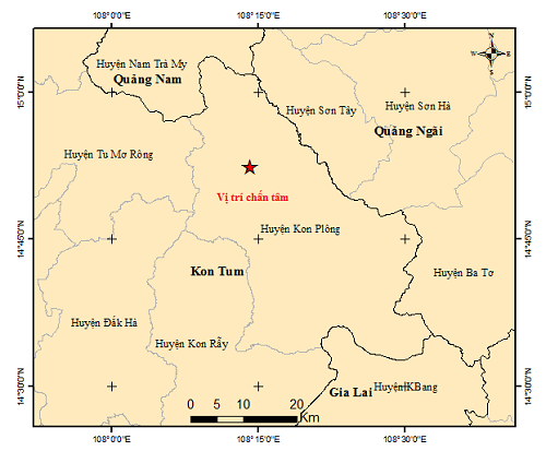 Bản đồ t&acirc;m chấn của trận động đất s&aacute;ng nay (29/7). Ảnh: Trung t&acirc;m b&aacute;o tin động đất v&agrave; cảnh b&aacute;o s&oacute;ng thần - Viện Vật l&yacute; Địa cầu.