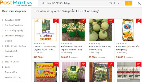 C&aacute;c sản phẩm OCOP S&oacute;c Trăng ti&ecirc;u thụ qua s&agrave;n thương mại điện tử Postmart&nbsp;(Ảnh chụp m&agrave;n h&igrave;nh)