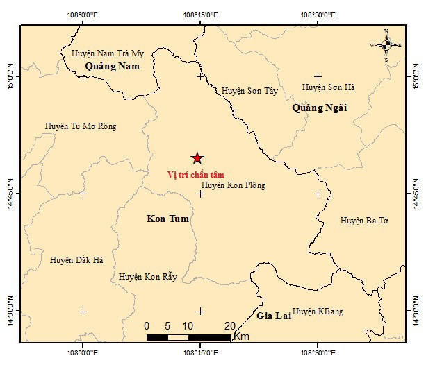 Bải đồ t&acirc;m chấn trận động đất l&uacute;c&nbsp;11 giờ 35 ph&uacute;t ng&agrave;y 28/7/2024. Ảnh: Trung t&acirc;m B&aacute;o tin động đất v&agrave; cảnh b&aacute;o s&oacute;ng thần - Viện Vật l&yacute; Địa cầu