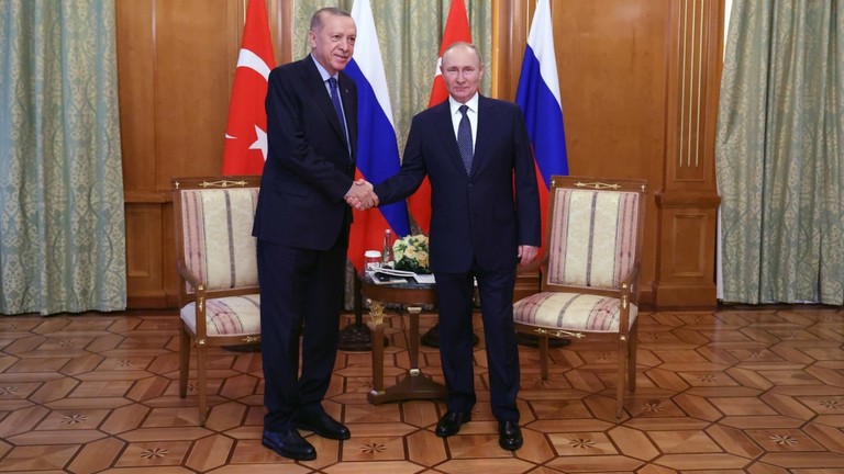 Tổng thống Nga Vladimir Putin v&agrave; Tổng thống Thổ Nhĩ Kỳ Recep Tayyip Erdogan. Ảnh: RT