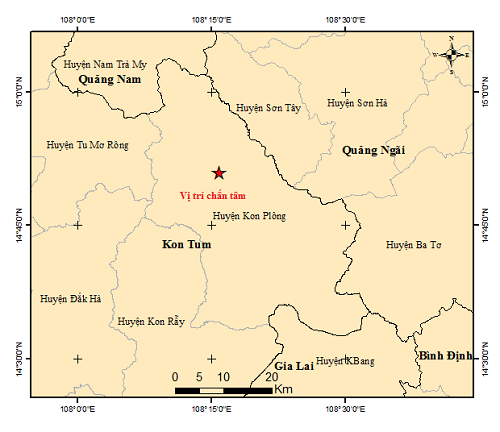 Vị tr&iacute; xảy ra trận động đất mạnh 4.2 độ ở Kon Tum v&agrave;o đ&ecirc;m 8/8/2024.