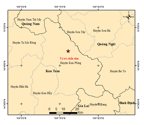 Vị tr&iacute; xảy ra trận động đất 2.8 độ ở Kon Tum v&agrave;o s&aacute;ng 9/8/2024.