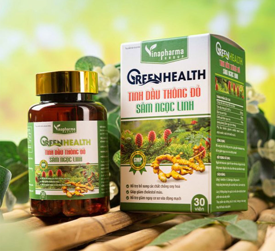 Sản phẩm thực phẩm bảo vệ sức khỏe Green Health tinh dầu th&ocirc;ng đỏ s&acirc;m Ngọc Linh.