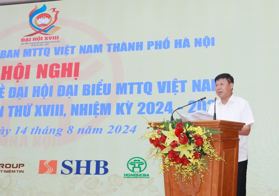 Ph&oacute; Chủ tịch Ủy ban Mặt trận Tổ quốc Việt Nam TP H&agrave; Nội Phạm Anh Tuấn th&ocirc;ng tin về c&ocirc;ng t&aacute;c chuẩn bị, chương tr&igrave;nh Đại hội