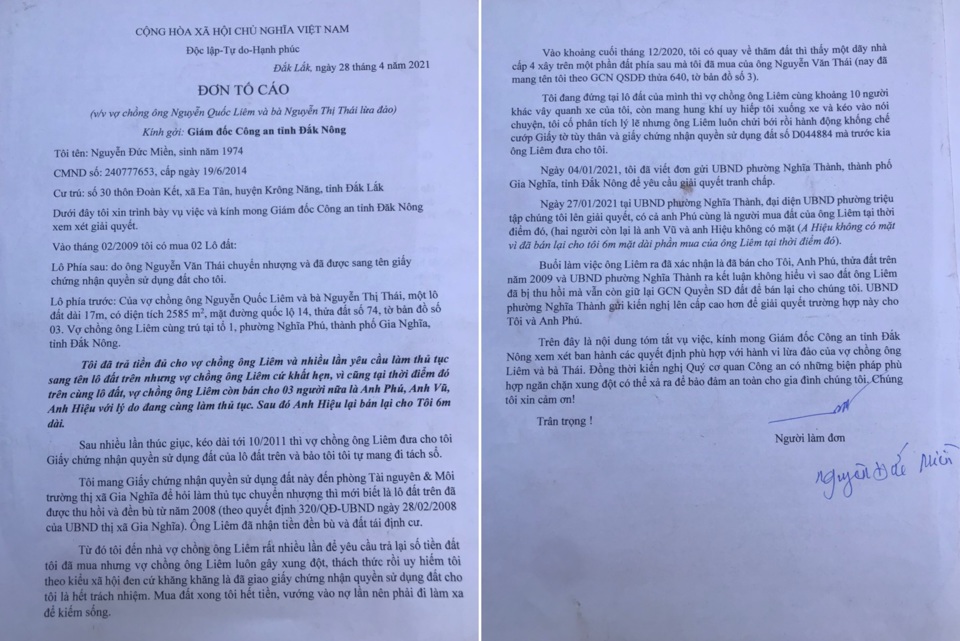 &Ocirc;ng Nguyễn Đức Miền đ&atilde; gửi đơn l&ecirc;n c&aacute;c cơ quan chức năng để tố c&aacute;o &ocirc;ng Li&ecirc;m v&agrave; b&agrave; Th&aacute;i về h&agrave;nh vi lừa đảo chiếm đoạt t&agrave;i sản.