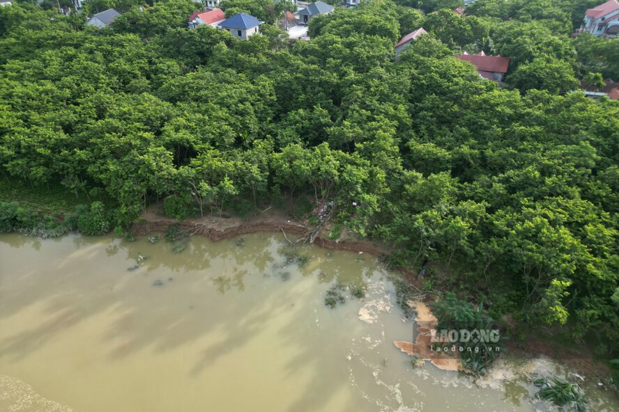 &ldquo;Đất ven s&ocirc;ng n&agrave;y chủ yếu l&agrave; đất c&aacute;t pha n&ecirc;n năm n&agrave;o mưa nhiều l&agrave; lại sạt lở. C&aacute;ch vị tr&iacute; sạt lở n&agrave;y khoảng 200m, c&oacute; 1 chiếc cống tho&aacute;t nước từ trong l&agrave;ng chảy ra, khi mưa to nước sẽ cuốn v&agrave;o đất dưới ch&acirc;n đ&ecirc;, g&acirc;y sạt lở&rdquo; - &ocirc;ng Trường chia sẻ.