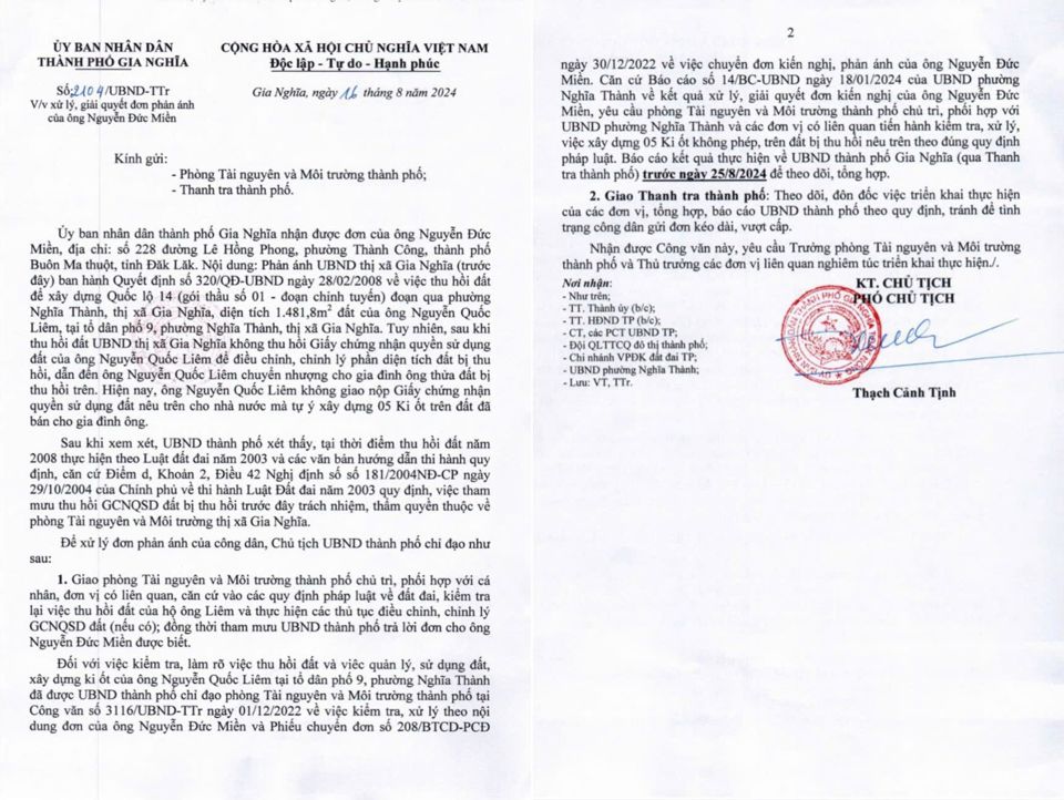 UBND TP Gia Nghĩa chỉ đạo Ph&ograve;ng T&agrave;i nguy&ecirc;n v&agrave; M&ocirc;i trường; Ph&ograve;ng Thanh tra th&agrave;nh phố khẩn trương xử l&yacute; vụ việc.