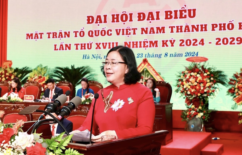 B&iacute; thư Th&agrave;nh ủy H&agrave; Nội B&ugrave;i Thị Minh Ho&agrave;i ph&aacute;t biểu chỉ đạo tại Đại hội đại biểu Mặt trận Tổ quốc Việt Nam TP H&agrave; Nội lần thứ XVIII, nhiệm kỳ 2024-2029