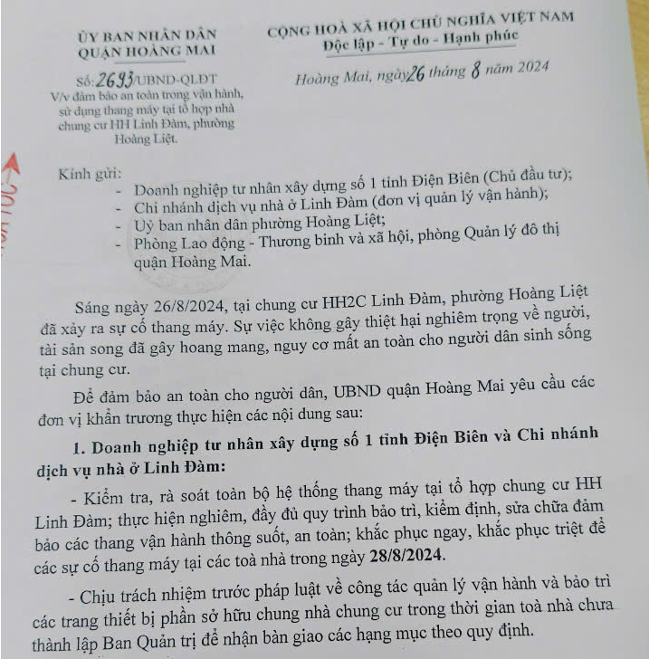 Quận Hoàng Mai: yêu cầu khắc phục triệt để sự cố thang máy tại chung cư HH2C - Ảnh 1