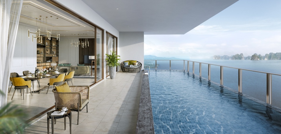 Điểm nhấn của BST Sky Pool Villa l&agrave; những bể bơi ri&ecirc;ng tư c&oacute; diện t&iacute;ch ấn tượng c&ugrave;ng tầm nh&igrave;n v&ocirc; cực &ocirc;m trọn vẻ đẹp tr&ecirc;n tầm cao di sản.