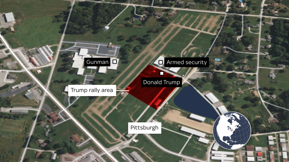 A panoramic map of former President Donald Trump's rally and the location of Thomas Crooks' murder in Butler, Pennsylvania. Photo: Sky News