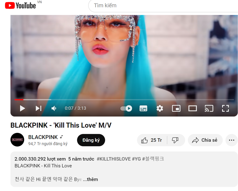 Đến 21 giờ 30 ph&uacute;t, MV Kill This Love đ&atilde; vượt mốc 2 tỷ lượt xem.