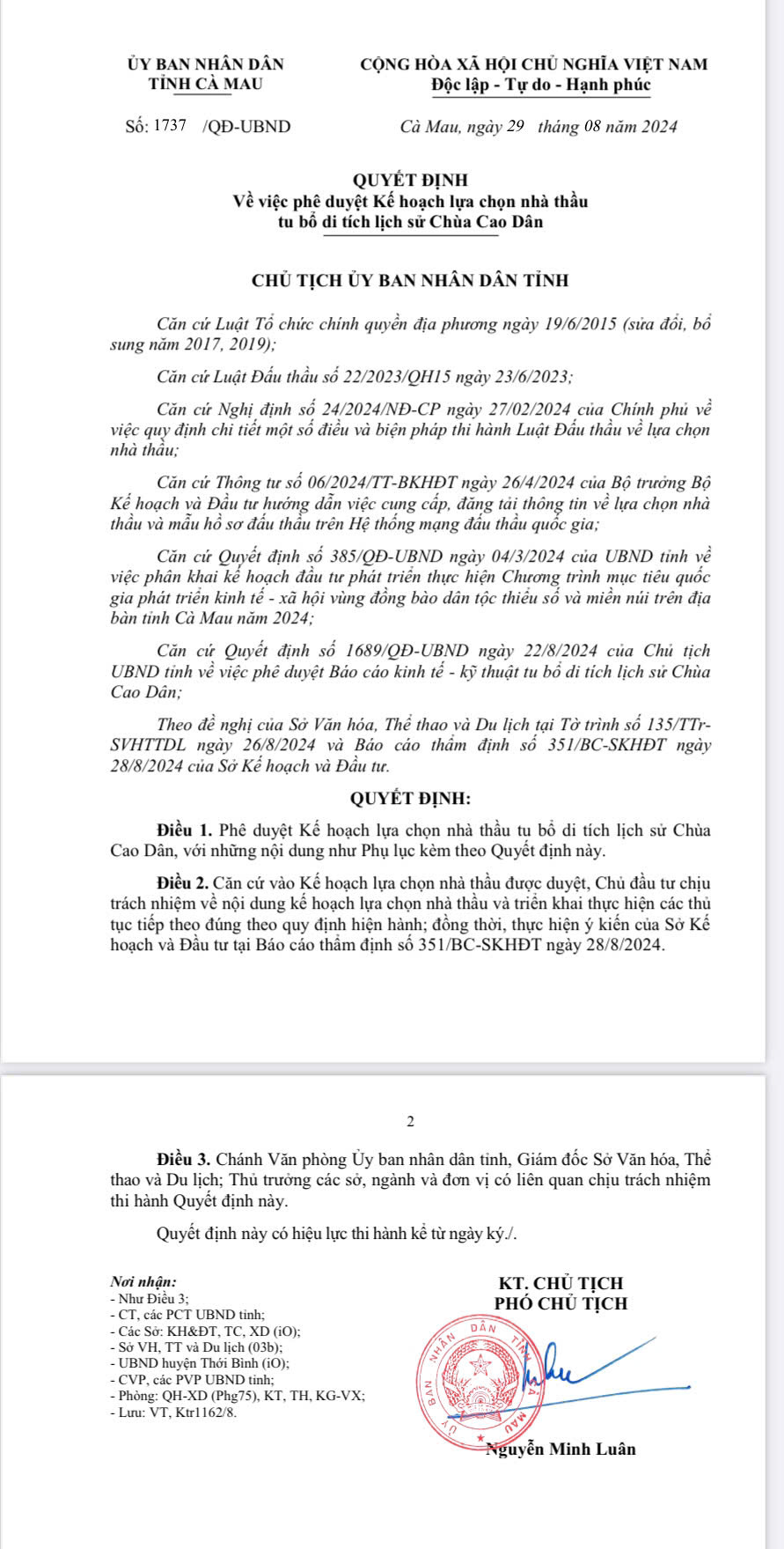 Ng&agrave;y 29/8/2024, UBND tỉnh C&agrave; Mau ph&ecirc; duyệt&nbsp;&nbsp;Kế hoạch lựa chọn nh&agrave; thầu tu bổ di t&iacute;ch lịch sử Ch&ugrave;a Cao D&acirc;n (Ho&agrave;ng Nam).
