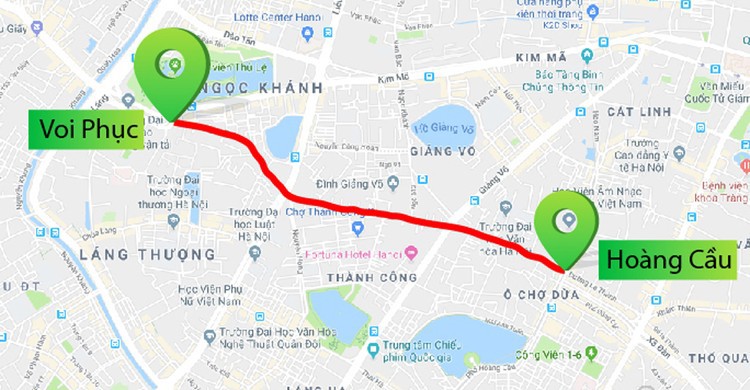 Bản đồ chi tiết 2,2 km Ho&agrave;ng Cầu - Voi Phục chuẩn bị được thi c&ocirc;ng mở rộng. Ảnh: Google Maps.