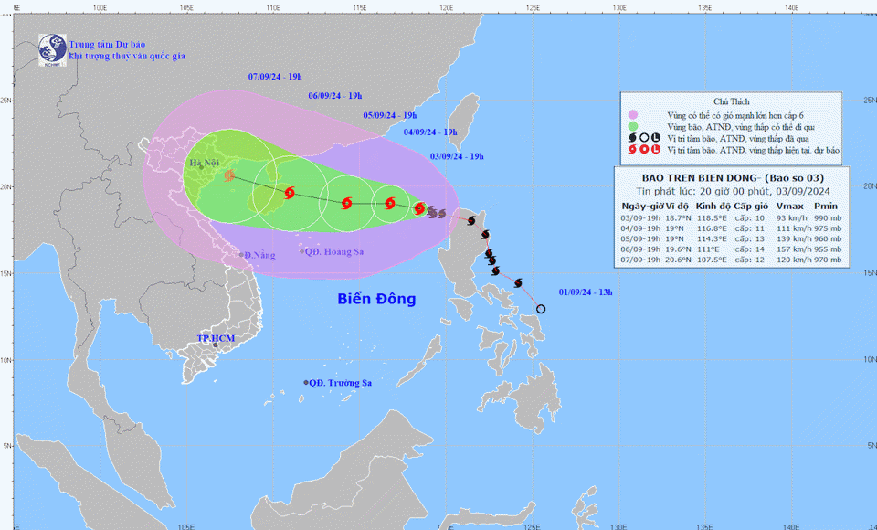 Hướng di chuyển của b&atilde;o số 3.