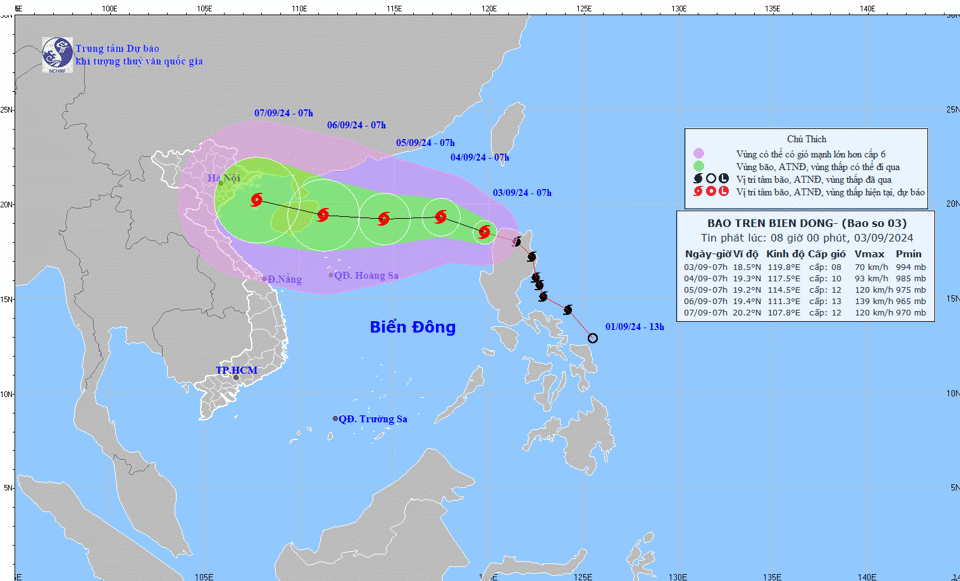 Đường đi của cơn b&atilde;o số 3 (Yagi). Ảnh: KTTV