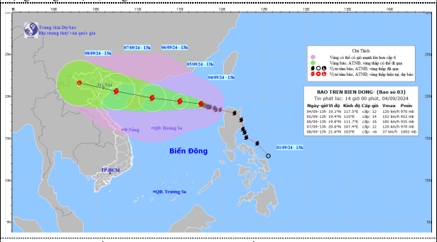 Diễn biến dự b&aacute;o đường đi của b&atilde;o số 3 v&agrave;o hồi 13 giờ chiều 4/9.