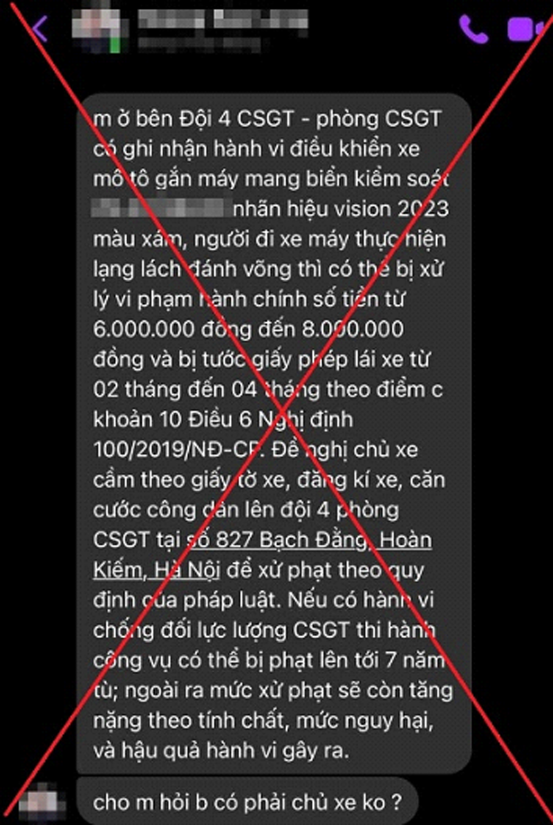 Cảnh b&aacute;o tin nhắn, điện thoại của c&aacute;c đối tượng tự xưng l&agrave; Cảnh s&aacute;t giao th&ocirc;ng để th&ocirc;ng b&aacute;o xử phạt vi phạm giao th&ocirc;ng nhằm mục đ&iacute;ch lừa đảo.