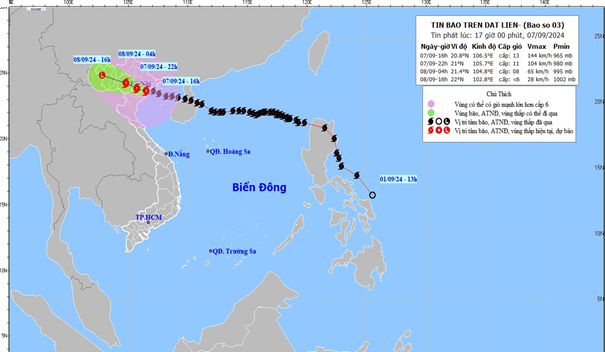 Bản đồ dự b&aacute;o quỹ đạo v&agrave; cường độ b&atilde;o, ph&aacute;t l&uacute;c 17 giờ 00 ng&agrave;y 07/9/2024