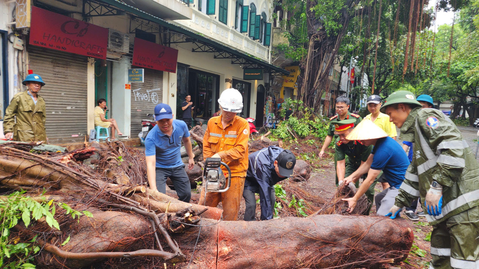 C&aacute;c lực lượng&nbsp; khắc phục hậu quả b&atilde;o số 3 tại phố Nh&agrave; thờ, phường H&agrave;ng Trống.