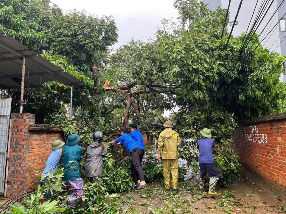 Đo&agrave;n Thanh ni&ecirc;n c&ugrave;ng c&ugrave;ng c&aacute;c lực lượng của huyện khắc phục hậu quả do b&atilde;o số 3 g&acirc;y ra. Ảnh: V.B.