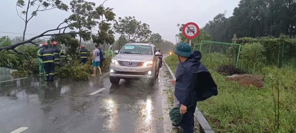 Cắt, dọn c&acirc;y g&atilde;y đổ tr&ecirc;n đường Đại lộ Thăng Long địa phận qua huyện Quốc Oai để đảm bảo lưu th&ocirc;ng đi lại cho người d&acirc;n.