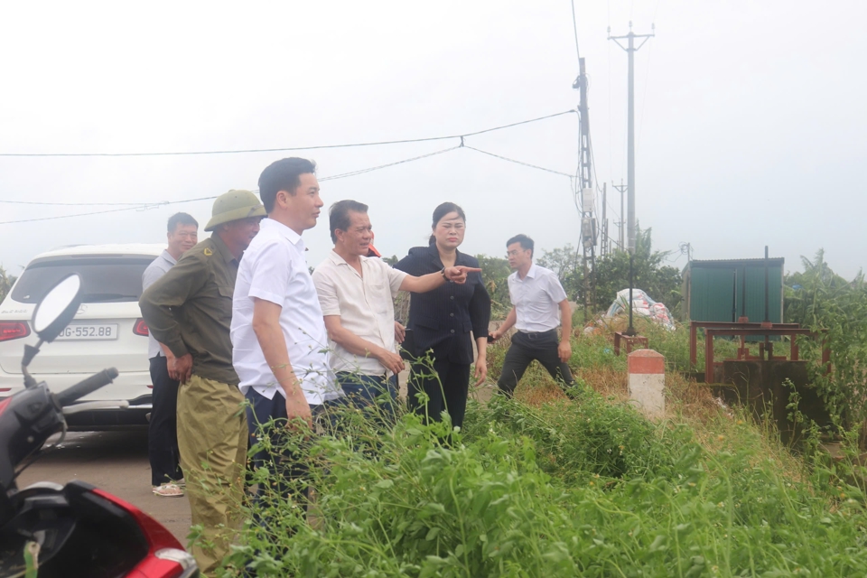 Chủ nhiệm UBKT Th&agrave;nh ủy H&agrave; Nội Ho&agrave;ng Trọng Quyết xem x&eacute;t ảnh hưởng của b&atilde;o tới t&igrave;nh h&igrave;nh sản xuất n&ocirc;ng nghiệp của người d&acirc;n.