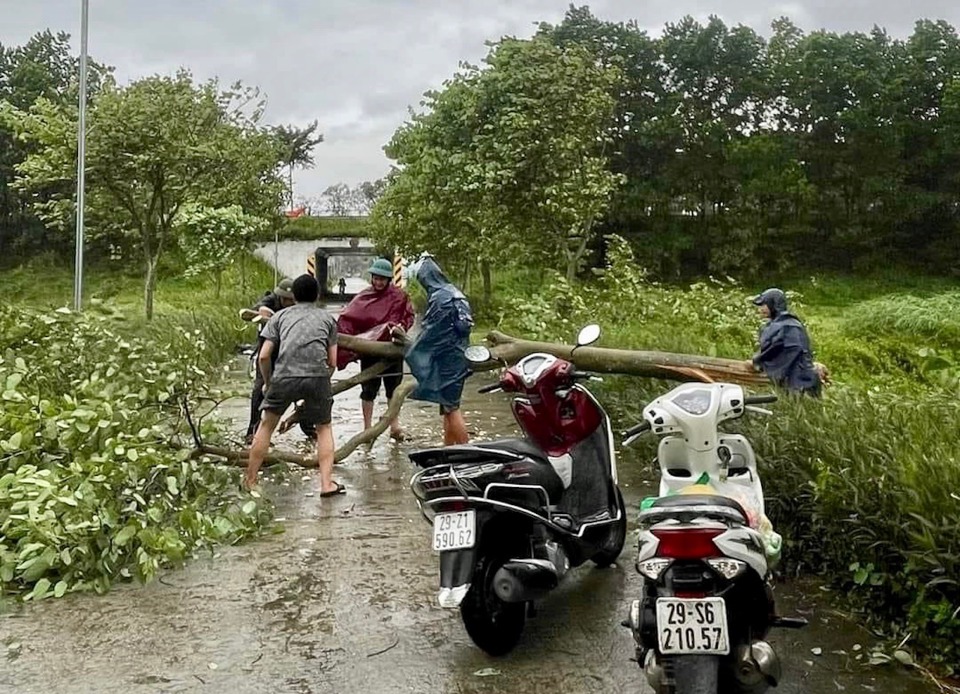 Tại huyện S&oacute;c Sơn, b&atilde;o số 3 cũng g&acirc;y ảnh hưởng lớn với h&agrave;ng trăm c&acirc;y xanh bị g&atilde;y, đổ v&agrave; nhiều c&ocirc;ng tr&igrave;nh d&acirc;n sinh lợp m&aacute;i t&ocirc;n bị tốc m&aacute;i.