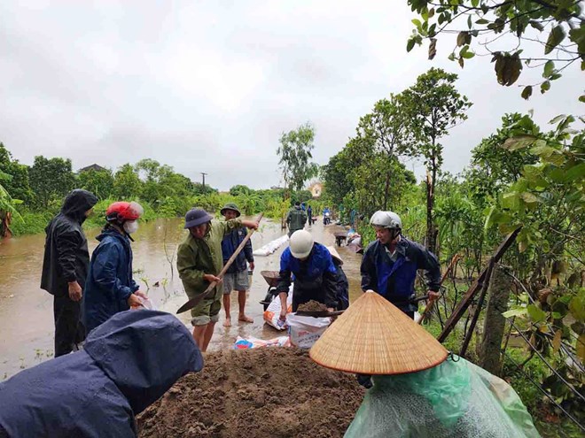 Thực hiện "4 tại chỗ" ngăn nước tr&agrave;n để cứu 70 ha l&uacute;a m&ugrave;a ở x&atilde; Xu&acirc;n H&ograve;a (huyện Vũ Thư) s&aacute;ng 10/9.