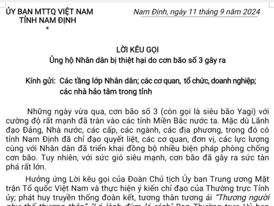 Lời k&ecirc;u gọi của Ủy ban MTTQ Việt Nam tỉnh Nam Định.