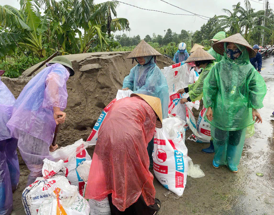 Hội vi&ecirc;n phụ nữ Đan Phượng tham gia&nbsp;gia cố đập V&acirc;n M&ocirc;n, x&atilde; Trung Ch&acirc;u.