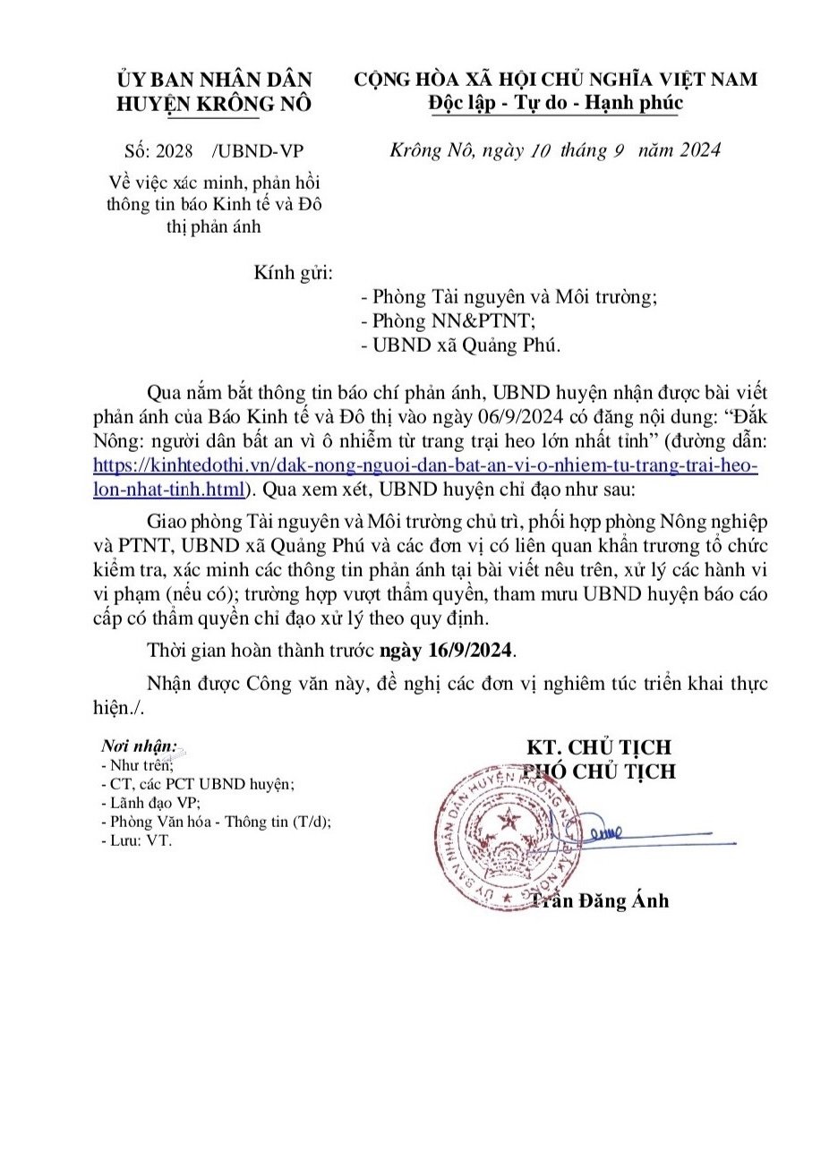 UBND huyện Kr&ocirc;ng N&ocirc;, chỉ đạo c&aacute;c đơn vị li&ecirc;n quan khẩn trương kiểm tra, x&aacute;c minh v&agrave; phản hồi th&ocirc;ng tin&nbsp;B&aacute;o Kinh tế v&agrave; Đ&ocirc; thị phản &aacute;nh.