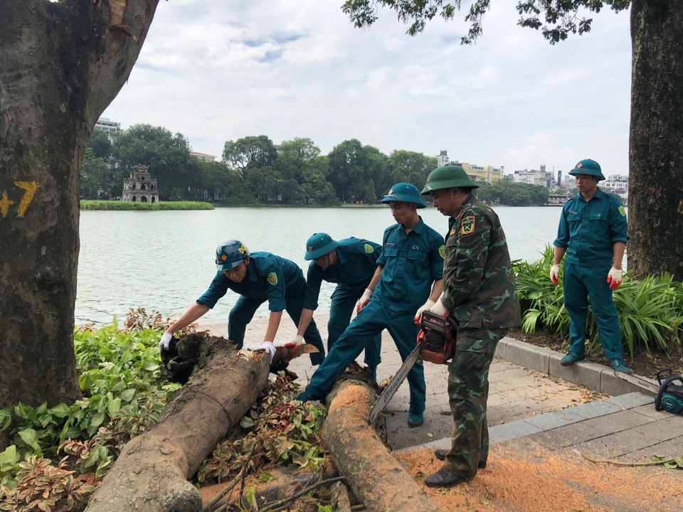 C&aacute;c lực lượng quận Nam Từ Li&ecirc;m hỗ trợ quận Ho&agrave;n Kiếm khắc phục hậu quả b&atilde;o số 3