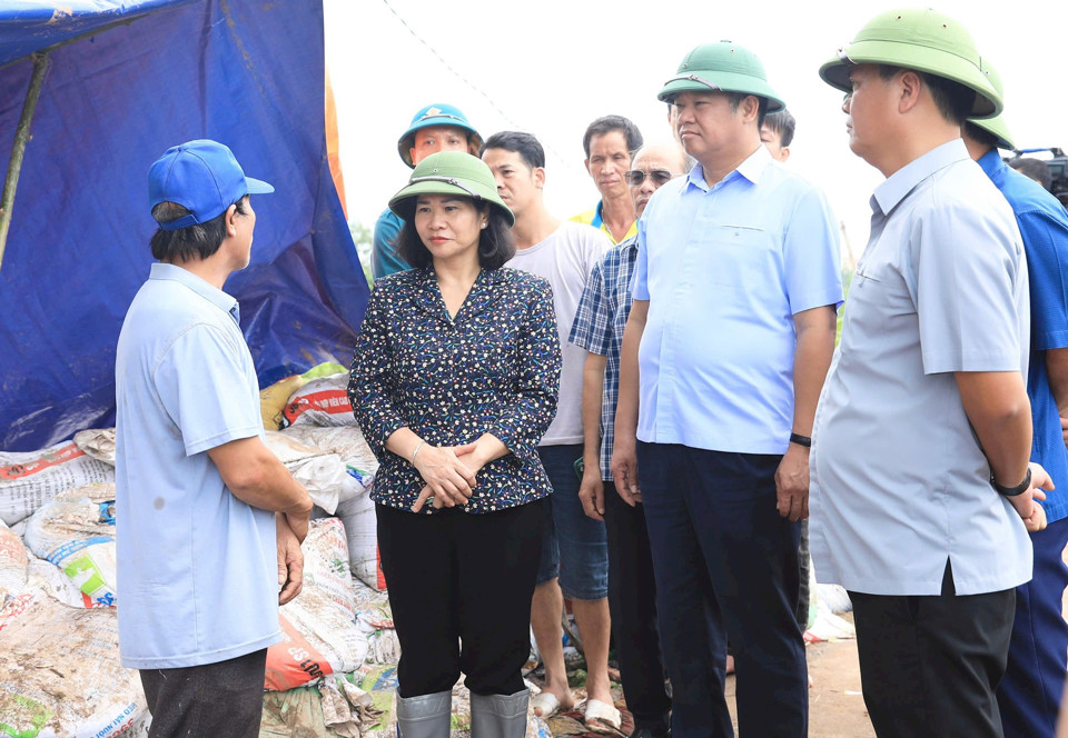 Ph&oacute; B&iacute; thư Thường trực Th&agrave;nh ủy H&agrave; Nội Nguyễn Thị Tuyến thăm hỏi, động vi&ecirc;n c&aacute;c lực lượng l&agrave;m nhiệm vụ ở khu vực đ&ecirc; xung yếu tại x&atilde; Trung Ch&acirc;u (huyện Đan Phượng).&nbsp;