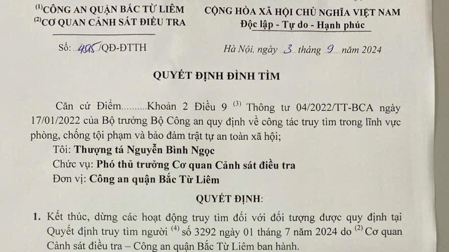 C&ocirc;ng an quận Bắc Từ Li&ecirc;m quyết định đ&igrave;nh t&igrave;m đối tượng.