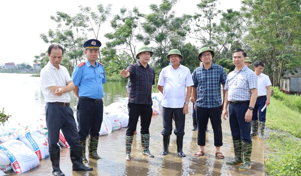 Ph&oacute; Chủ tịch UBND TP Dương Đức Tuấn kiểm tra thực tế c&ocirc;ng t&aacute;c ph&ograve;ng, chống lũ tại tuyến đến G&ograve; Khoăm (x&atilde; Mỹ Lương, huyện Chương Mỹ), chiều 13/9.