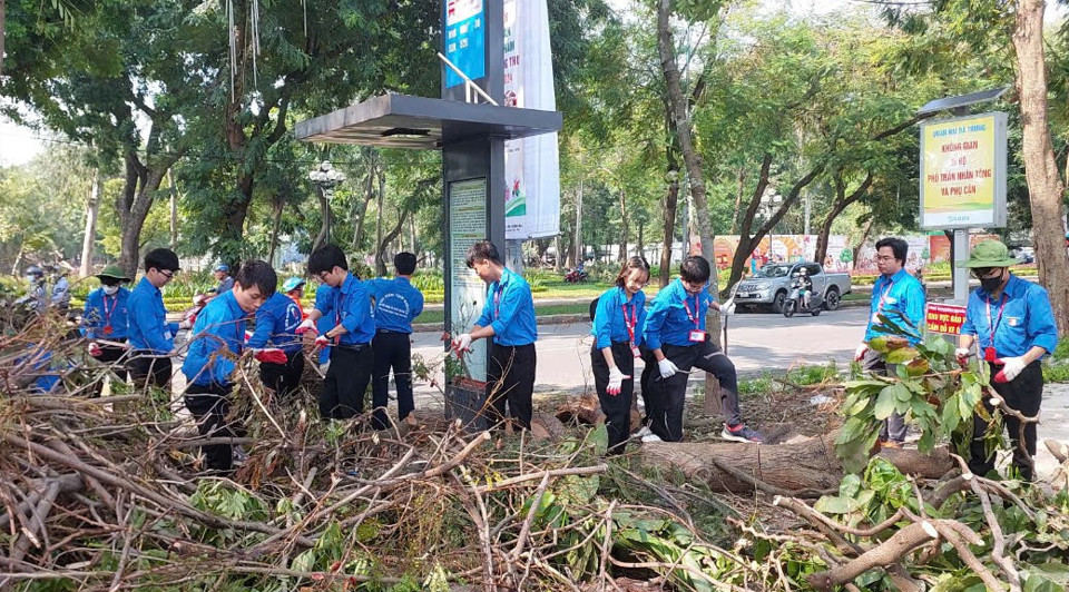 Sinh vi&ecirc;n Đại học B&aacute;ch Khoa H&agrave; Nội tham gia dọn dẹp c&acirc;y xanh g&atilde;y, đổ do b&atilde;o số 3 tr&ecirc;n địa b&agrave;n Quận Hai B&agrave; Trưng