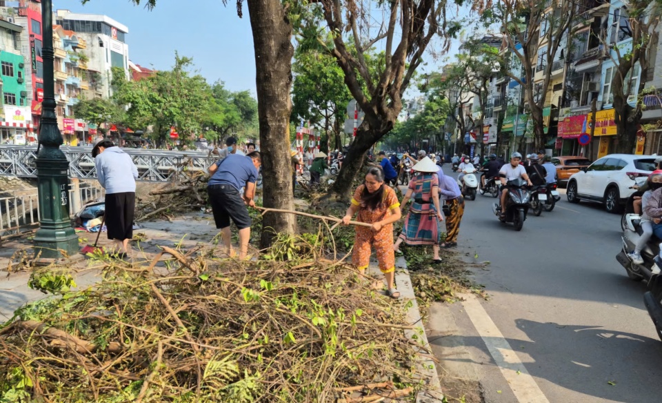 C&aacute;n bộ, người d&acirc;n phường Vĩnh Tuy c&ugrave;ng chung tay dọn dẹp c&acirc;y xanh g&atilde;y, đổ do b&atilde;o số 3 tr&ecirc;n tuyến phố Kim Ngưu