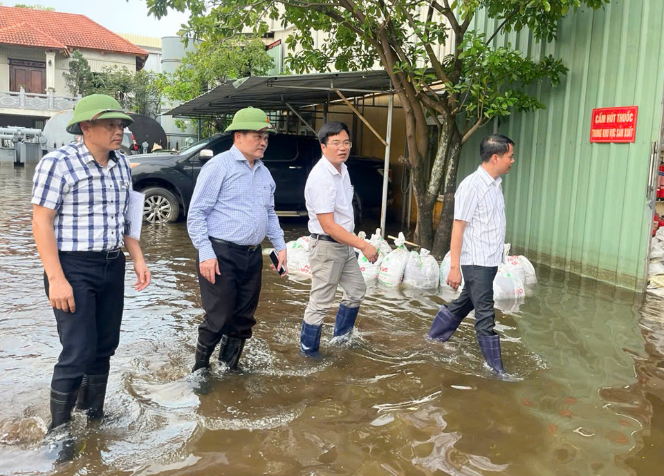 B&iacute; thư Huyện ủy Thường T&iacute;n Nguyễn Tiến Minh c&ugrave;ng l&atilde;nh đạo Ph&ograve;ng kinh tế huyện nắm bắt t&igrave;nh h&igrave;nh ngập &uacute;ng tại một số doanh nghiệp ở CCN H&agrave; B&igrave;nh Phương