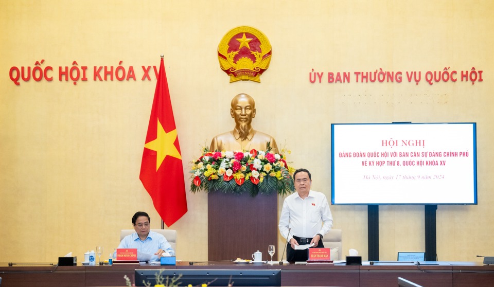 B&iacute; thư Đảng đo&agrave;n Quốc hội, Chủ tịch Quốc hội Trần Thanh Mẫn ph&aacute;t biểu tại hội nghị. Ảnh: Quochoi.vn