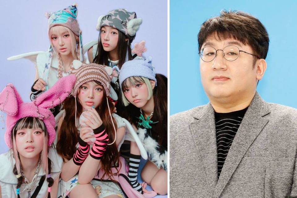 Nh&oacute;m nhạc nữ NewJeans v&agrave; Chủ tịch HYBE Bang Si Hyuk. Ảnh: Naver