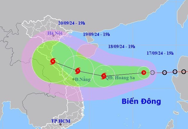 Dự b&aacute;o vị tr&iacute; v&agrave; đường đi của &aacute;p thấp nhiệt đới (b&atilde;o số 4). Ảnh NCHMF