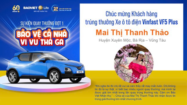 Chị Mai Thị Thanh Thảo (B&agrave; Rịa - Vũng T&agrave;u) l&agrave; kh&aacute;ch h&agrave;ng may mắn tr&uacute;ng giải &ocirc; t&ocirc; điện Vinfast VF5 Plus