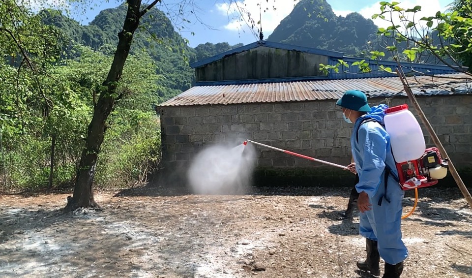 H&ocirc;̣ chăn nu&ocirc;i xã An Phú phun thu&ocirc;́c khử trùng vườn c&acirc;y ăn trái. Ảnh: V. Bi&ecirc;n&nbsp;