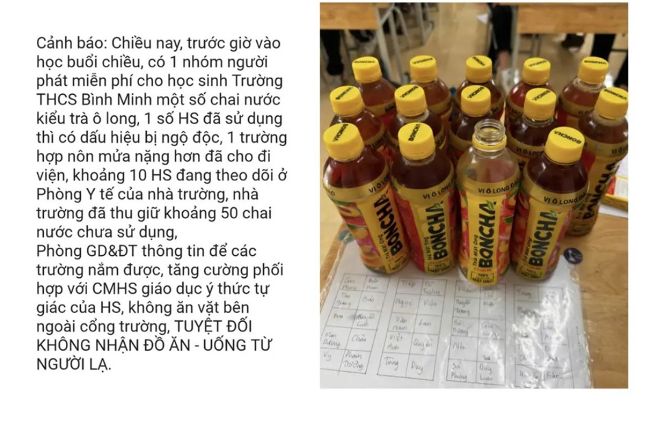 Th&ocirc;ng tin cảnh b&aacute;o v&agrave; h&igrave;nh ảnh sản phẩm nước ngọt được trường THCS B&igrave;nh Minh thu giữ từ c&aacute;c em học sinh được chia sẻ tr&ecirc;n nh&oacute;m zalo c&aacute;c trường học .