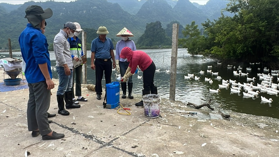 Cán b&ocirc;̣ Trung t&acirc;m Dịch vụ n&ocirc;ng nghi&ecirc;̣p huyện Mỹ Đức hướng dẫn Nh&acirc;n d&acirc;n xã An Phú pha thuốc ti&ecirc;u độc khử tr&ugrave;ng. Ảnh: V. Bi&ecirc;n